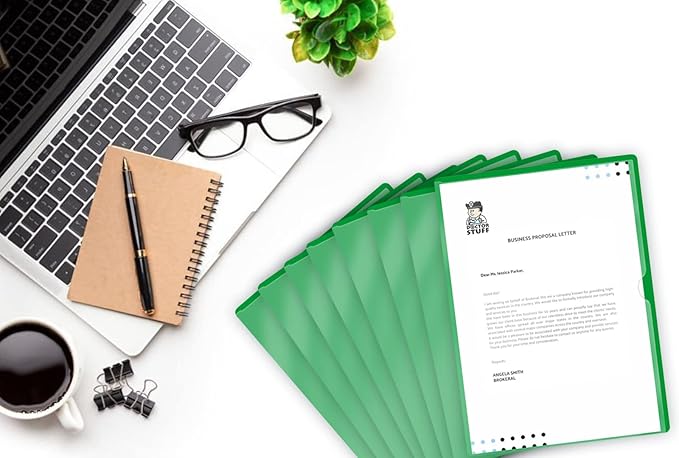 Doctor Stuff - 25 Pack L-Type Vinyl Plastic File Folders Letter Size, Green Pocket Project Folders Clear Front, Documents Holder for Home, High School, Office and Medical Files