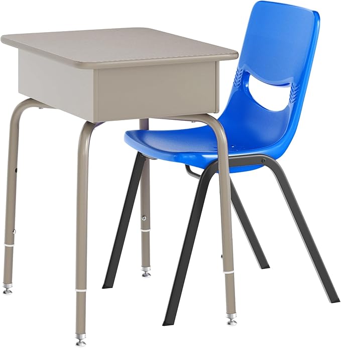 EMMA + OLIVER Jacobs Desk/Stackable Ergonomic Chair Set, Flex Comfort Seat Back, Adjusting Desk Legs, Metal Open Front Storage Box, Gray Granite Desktop/Navy Chair
