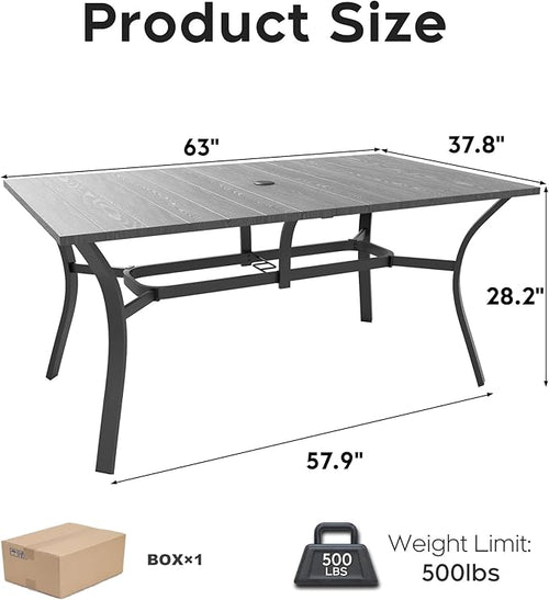 "Vintage Wood Grain Metal Table 62.99" x 37.8"" Rectangular with Umbrella Hole, Heavy-Duty Steel Frame Rust-Resistant Easy Clean, for Patio Garden Deck Dining Room Office INDUSTRIAL MEETS FARMHOUSE