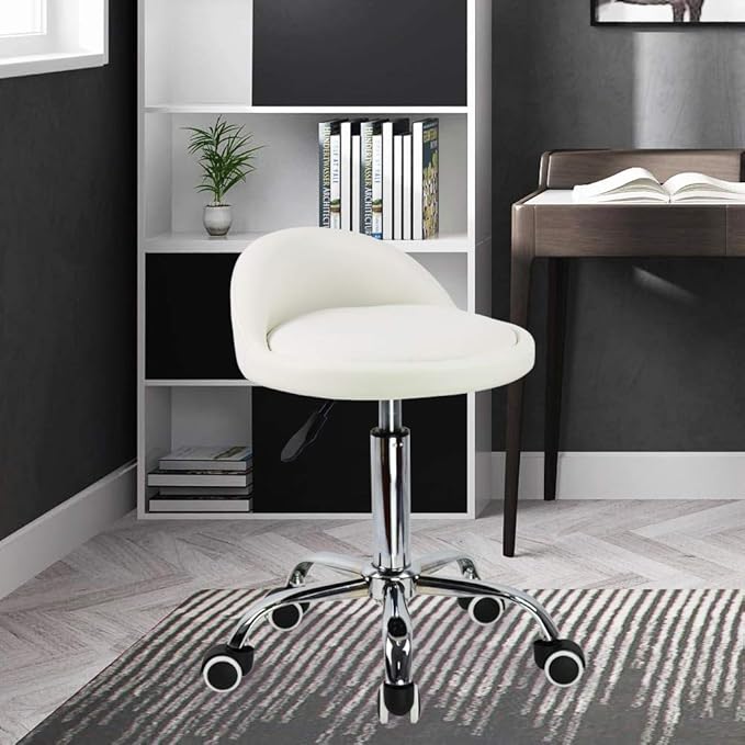 KKTONER PU Leather Round Rolling Stool with Back Rest Height Adjustable Swivel Drafting Work SPA Task Chair with Wheels (White)