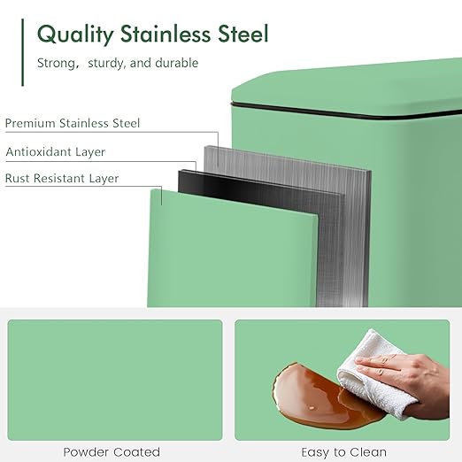 Green 16.7L/4.4 Gallon Bathroom Trash Can with Lid. Features a Removable Inner Bucket, a Soft - Close Lid, and a Stainless - Steel Step Pedal. Ideal for Use In The Bathroom, Kitchen, and Home Office