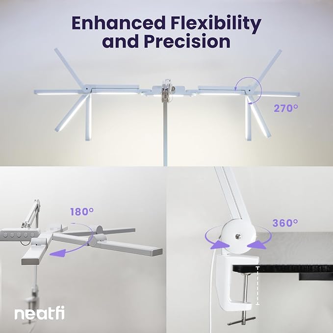 Neatfi 3,000 Lumens LED Desk Lamp, Dimmable, 360 SMD LEDs, 30W, CRI 95, Adjustable Light Modes, Task Lamp for Home Office, Study, Workstation (White, 44-Inch, CCT with Clamp)