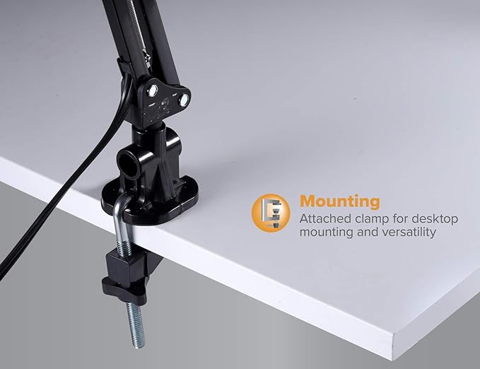 Bostitch Office VLF100 LED Swing Arm Desk Lamp with Clamp Mount, 36" Reach, Includes LED Bulb,Black