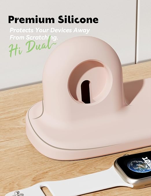 ELETIUO Dual Charger Stand Compatible with Apple Watch Series 49/46/45/44/42/41/40/38mm iWatch Ultra2/Ultra/10/9/8/SE2/7/6/SE/5/4/3/2/1,Silicone Dock Organizer Supports Night Stand Mode,Pink