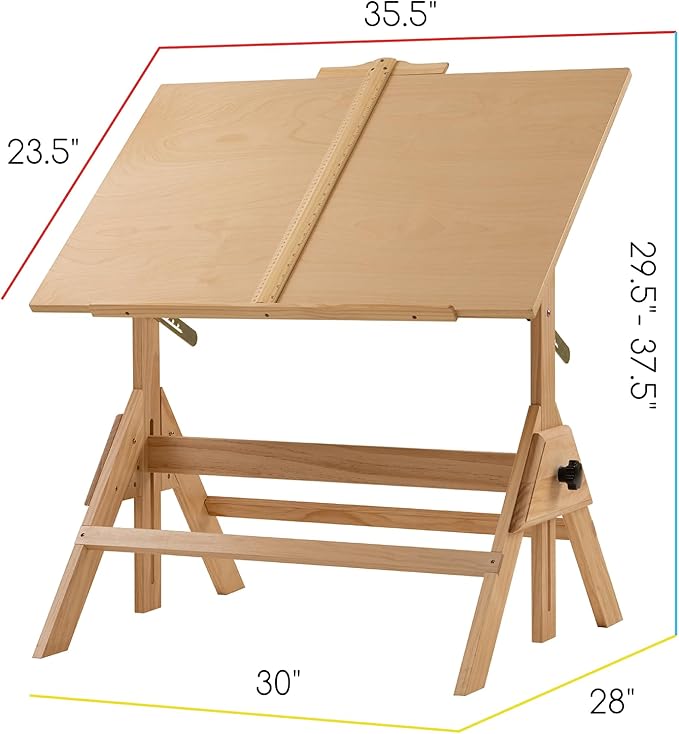 MEEDEN Wood Adjustable Drafting Table: 35.5" x 23.5" Art Drawing Desk with Various Height and Tiltable - Rustic Artist Desk with Pencil Ledge and Ruler for Writing Reading Graphic Design