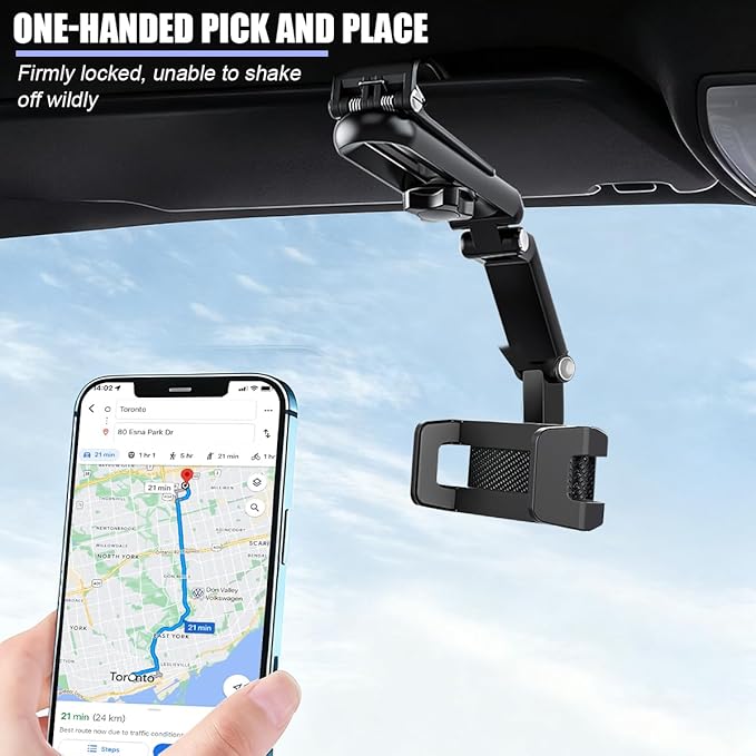 Car Sun Visor Phone Holder, Multifunctional 1080° Rotatable Retractable Vehicle Rearview Cell Phone Mount, Automotive Interior Visor Smartphone Holder, Universal for SUV RV Truck (Gray)