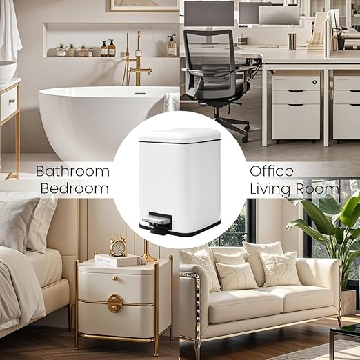 Small Bathroom Trash Can with Lid Soft Close, Step Pedal, 6 Liter / 1.6 Gallon Stainless Steel Garbage Can with Removable Inner Bucket, Anti-Fingerprint Finish, Matte White