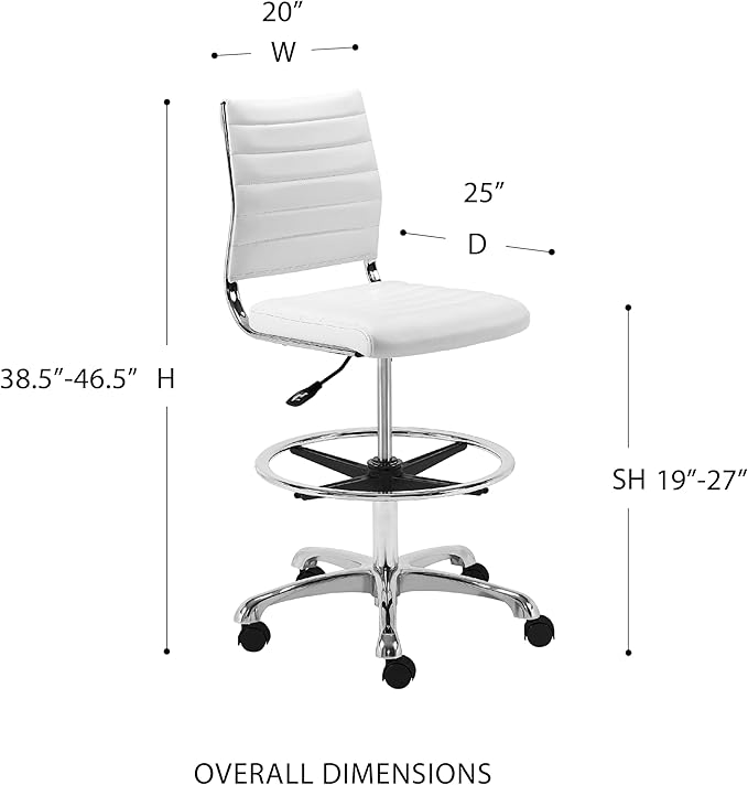 Euro Style Axel Adjustable Height Drafting Stool | Modern Ribbed Multi-Purpose Office Style | Leatherette Over Foam Seat and Back | 360° Swivel with Footrest | White with Aluminum Base