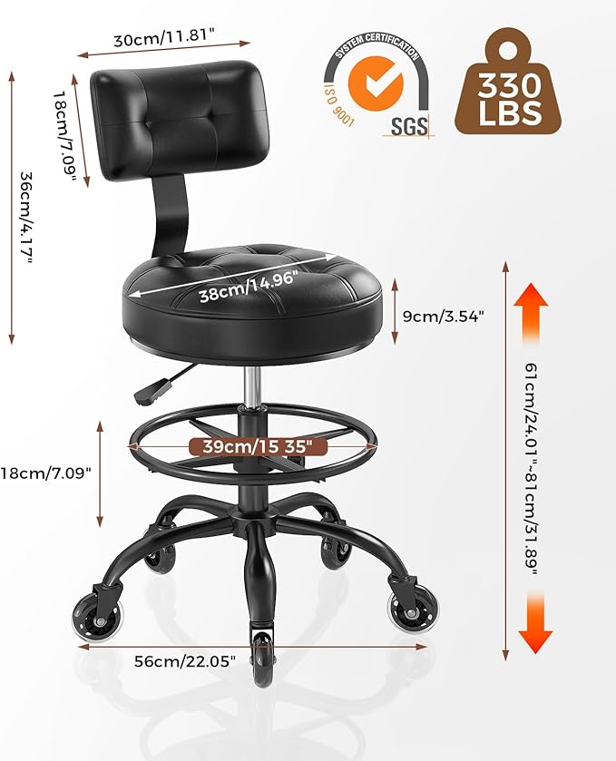 Office Drafting Chair with Footrest, Tall Height Adjustable Stool with Back Support, Heavy Duty Rolling Stool Chair with Wheels for Office Home Kitchen Bar Shop Guitar Studio Medical Vanity(Black)