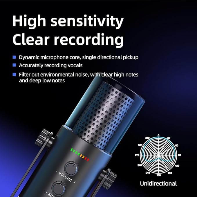 USB/XLR Desktop Dynamic Microphone with RGB Lighting, Noise Reduction, Mute Button & Headphone Jack - Podcast, Gaming, Streaming Mic for PC & Computer (Black)