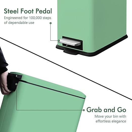 Green 16.7L/4.4 Gallon Bathroom Trash Can with Lid. Features a Removable Inner Bucket, a Soft - Close Lid, and a Stainless - Steel Step Pedal. Ideal for Use In The Bathroom, Kitchen, and Home Office