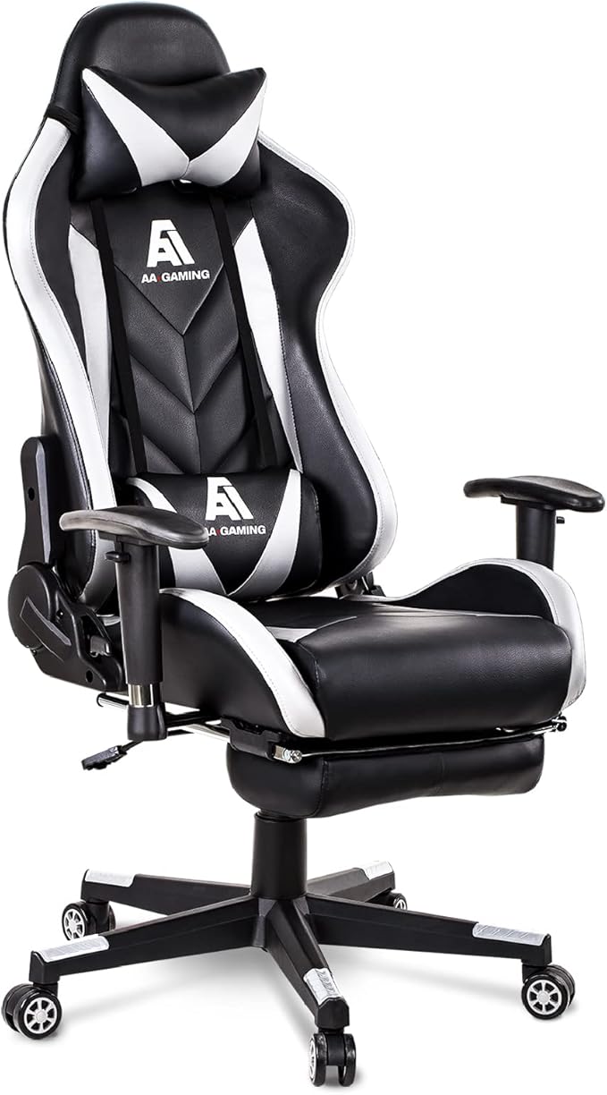 AA Products Gaming Chair High Back Ergonomic Computer Racing Chair Adjustable Office Chair with Footrest, Lumbar Support Swivel Chair - White