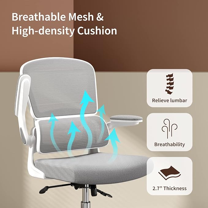 Logicfox Ergonomic Office Chair, Comfortable Office Chair with Flip-up Arms, Adaptive Lumbar Support, Mesh Computer Chair with Thick Cushion, White Desk Chair with 90°-130° Tilt Function
