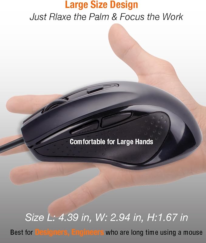 USB Wired Mouse, Large Size Ergonomic Gaming and Office Mouse with 6 Buttons, 4 Level DPI Adjustable, Page Down& UP Button, 1.5 Meters Cable for MacBook, Windows Laptop(Black)
