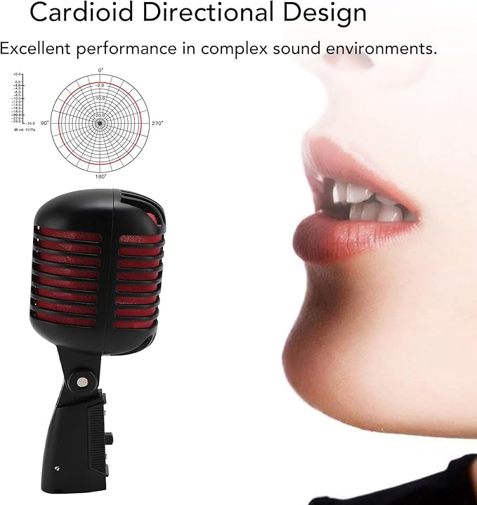 Classic Retro Microphone, Vintage Dynamic Microphone, Zinc Alloy Self Tensioning Rotating Rack, Unidirectional Cardioid Mic, Universal Stand Compatible (Black)