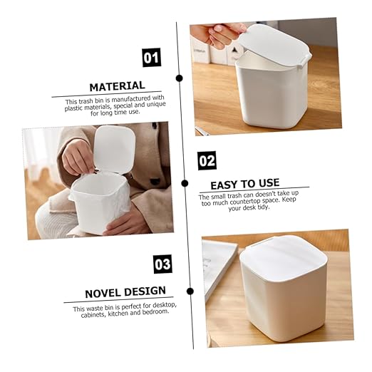 Slim White Kitchen Garbage Can Small Trash Can Lid Desktop Rubbish Storage Bin
