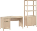 Bush Home 54-inch Office Desk with Storage and 5 Shelf Bookcase with Doors, Home Office Furniture, Camille Collection, Natural Birch