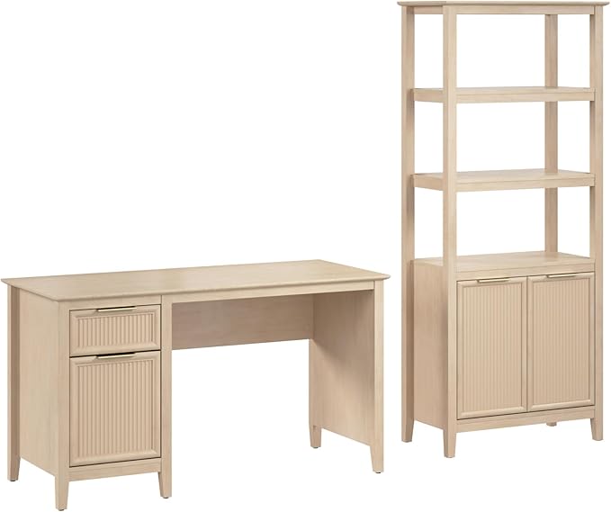 Bush Home 54-inch Office Desk with Storage and 5 Shelf Bookcase with Doors, Home Office Furniture, Camille Collection, Natural Birch