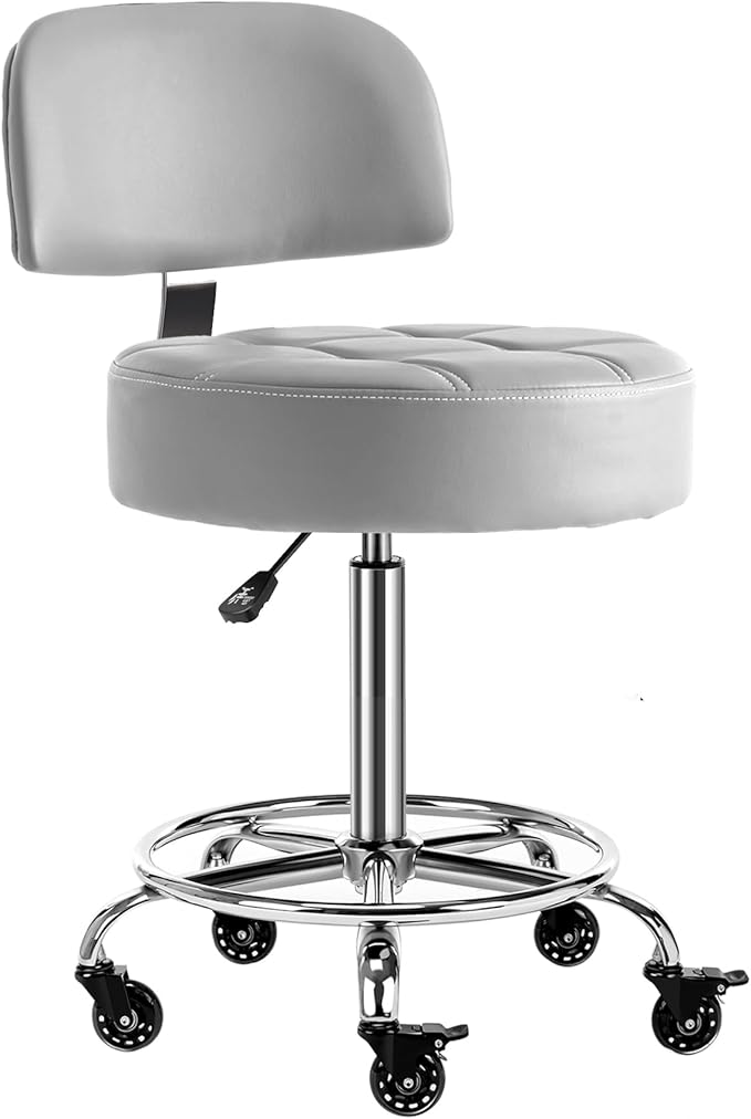 Lockable Stool with Back and Foot Rest Ergonomic Rolling Hydraulic Adjustable Stool for Doctor Esthetician Artist Home Small Office Desk (Grey, 19.5''-24.5'')