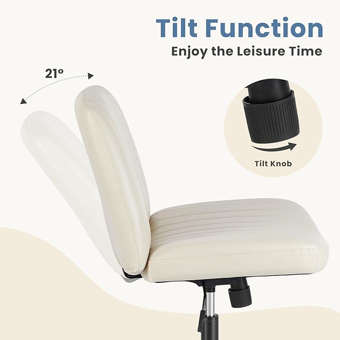 DUMOS Desk Chair No Wheels, Criss Cross Chair Wide Cross Legged Office Desk Vanity Chair, PU Leather Armless Adjustable Swivel Chairs for Home Computer Task Beige