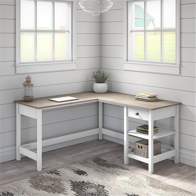 UrbanPro 60W L Shaped Computer Desk, Shiplap Gray/White Finish, Engineered Wood, Modern Farmhouse Style with Storage Shelves and Drawer, Home Office Corner Desk