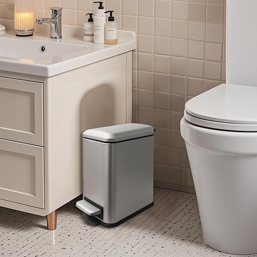 Small Bathroom Trash Can with Lid, Trash Can with Removable Liner, Soft Close lid & Step Pedal, Stainless Steel Trash Bin for Bathroom,Bedroom,Home Office (Grey, 1.3 Gallon)