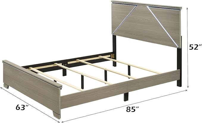 Joanna Weathered Gray Queen Bed w/LED Box Spring Required (4 Slats + 4 Support Leg), Bed Follow Us Standard: Mattress Size 80"L X 60"W (Q) Headboard With LED Light Bed Leg height: 33"H, Internal Siz