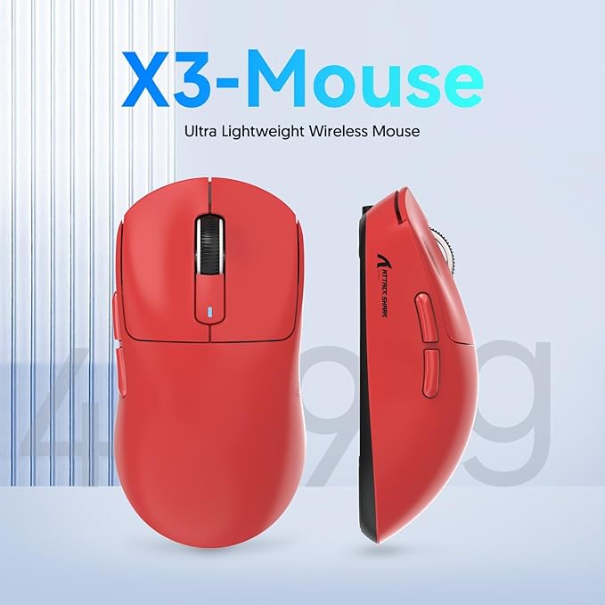 MAMBASNAKE Attack Shark X3 Wireless Gaming Mouse, 49g Ultralight, PixArt PAW3395 26000 DPI, Bluetooth/2.4Ghz /Wired Tri-Mode, 200Hrs Rechargeable Battery, Kailh GM8.0 Switch for PC/MAC/Win - Red