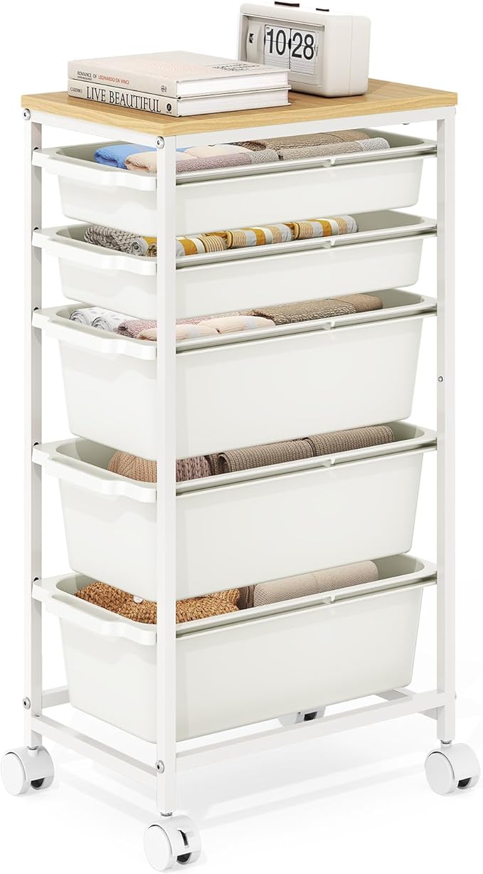 Rolling Storage Cart with 5 Drawers, Craft Organizer, Wooden Tabletop Utility Cart for Bedroom, Children's Room and Office Organization, Table Side Trolley with Lockable Wheels, White