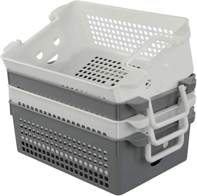 Stackable Plastic Storage Baskets/Bins Organizer with Handles, Set of 4 (White, Grey)