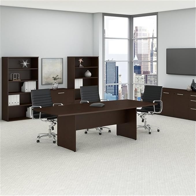 Pemberly Row Set of 7 - Cherry Conference Table & 6 Dark Gray Executive Chairs