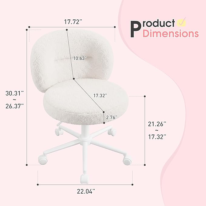 Homkdom Small Round Vanity Chair with Wheels, Armless Home Office Desk Chairs with Back, Height Adjustable & 360° Swivel, Cute Comfy Vanity Computer Chair for Bedroom, Home Office, White