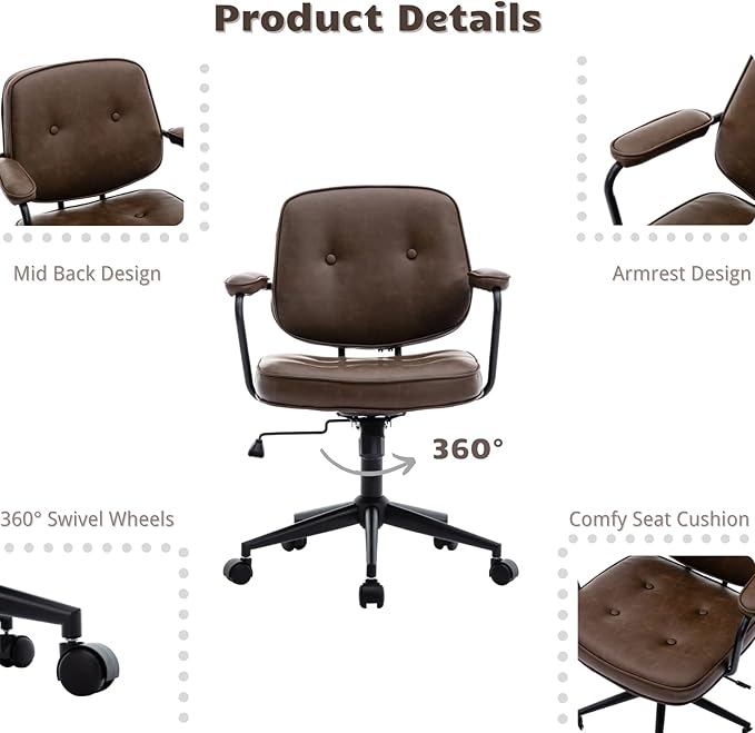 HEAH-YO Modern Armless Desk Chairs Set of 1, Swivel Computer Task Chair with Wheels and Armrests, Adjustable Office Chair with Backrest for Home Base, PU Brown