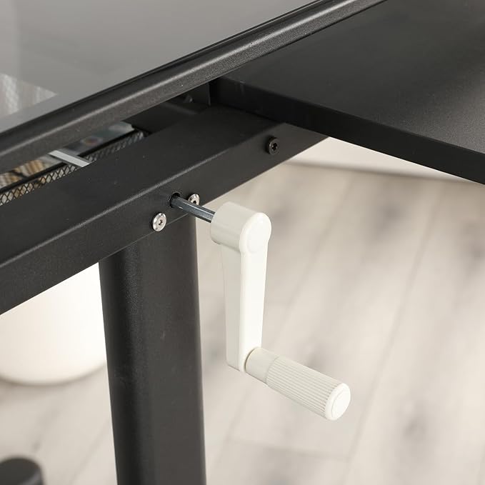 Adjustable Height Drafting Table with Storage Drawers & Stool for Adults, Glass Art Desk with Side Storage Strips, Drawing Table with Tilted Tabletop for Art Office Study (Black+Glass B)