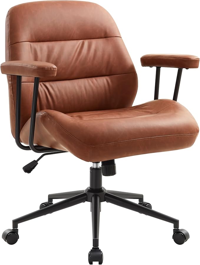 IWMH Home Office Chair, PU Leather Office Chair with Removable Armrests, Mid-Century Modern Desk Chairs with Lumbar Support, Ergonomic Executive Task Chairs, Height Adjustable (Brown)