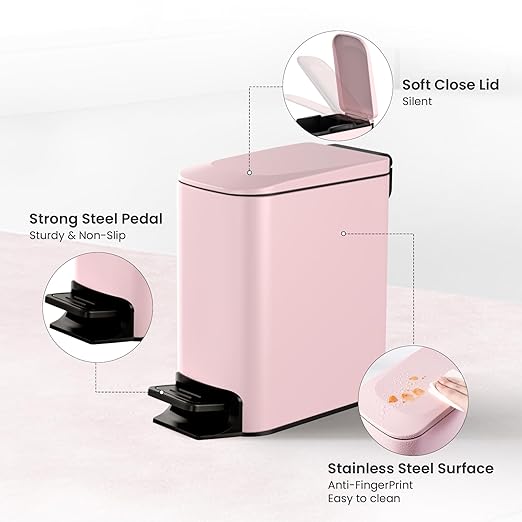 Cesun Slim Step-On Stainless Steel Desk Wastebasket – Pink (1.6 Gal)