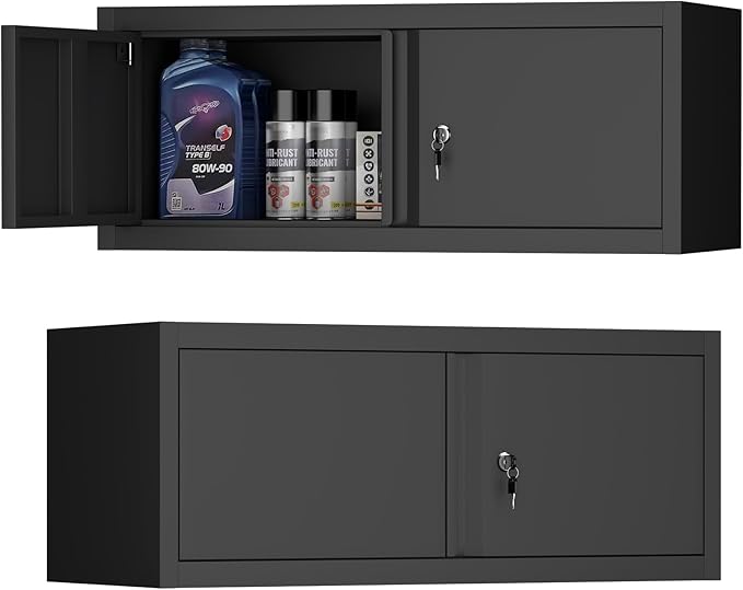 Black Storage Cabinets Wall Mounted, 12.8”H Upper Cabinet for Home, Metal Cabinets with Doors, Locking RV Storage, Floating Garage Tool Cabinet for Warehouse