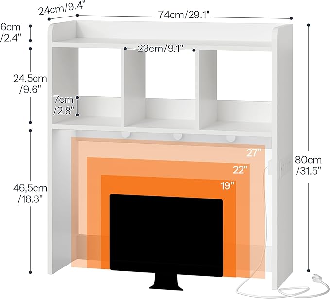 HOOBRO Desktop Bookshelf, Office Desktop Shelf, Desk Hutch with Outlets, Wooden Office Desktop Bookcase, Desktop Organizer Shelf with LED Light Strip and 3 Hooks, for Home, Study, White WT12UDSJ01