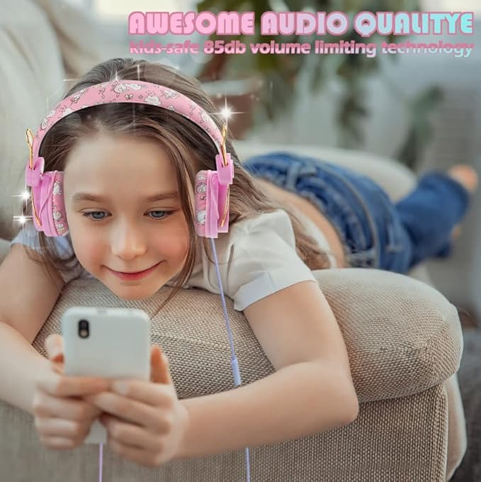 SVYHUOK Unicorn Bluetooth Headphones for Kids Girls, Pink Cat Ear Wireless Headset with Microphone, Safe Volume Limited 85db POM Over-Ear Headset HD with Mic for School/Tablet/Birthday Xmas Gift