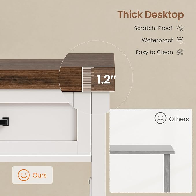 SEDETA Farmhouse Small Desk with Drawers, 40" Computer Desk with Storage Shelves, White Writing Desk for Small Space and Power Outlet, Desk for Bedroom, Home Office