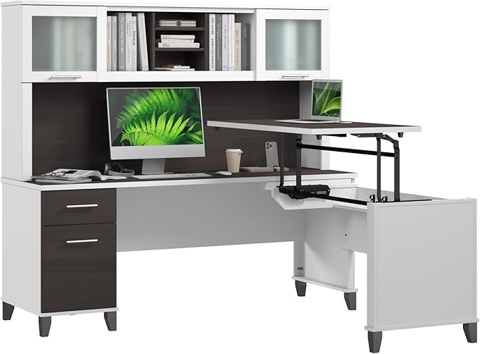 Bush Home Somerset 72W 3 Position Sit to Stand L Shaped Desk with Hutch in White and Storm Gray | Adjustable Height Table for Home Office