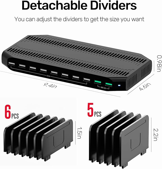 Unitek USB Charging Station for Multiple Devices, Charger Organizer Stand Dock with Dividers, Quick Charge 3.0 Compatible for Smartphone, Tablet, iPad and Other Electronics
