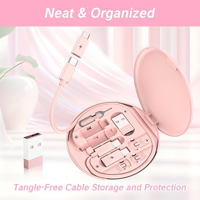 9 in 1 Cable Case USB Adapter Cable Conversion Storage Box USB Type C to Micro USB/Lightning/USB A Cable Data Transfer Tool Contains Sim Card Slot Tray Eject Pin Use as Phone Holder (Pink)