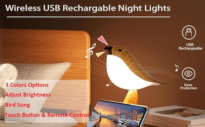 Small Bird Desk Lamp, Remote Rechargeable Cordless Table Lamp with 3 Color Temperatures, Remote Control & Touch Sensor, Multi-Function Battery Operated Bird Light for Bedroom, Kids, 1 Pack