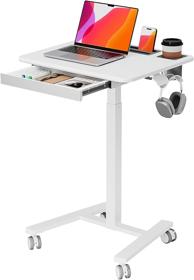 Small Mobile Standing Desk with Drawer, 23.6"x19.7" Rolling Laptop Cart on Wheels, Height Adjustable Sit Stand Computer Workstation with Storage for Compact Space, White