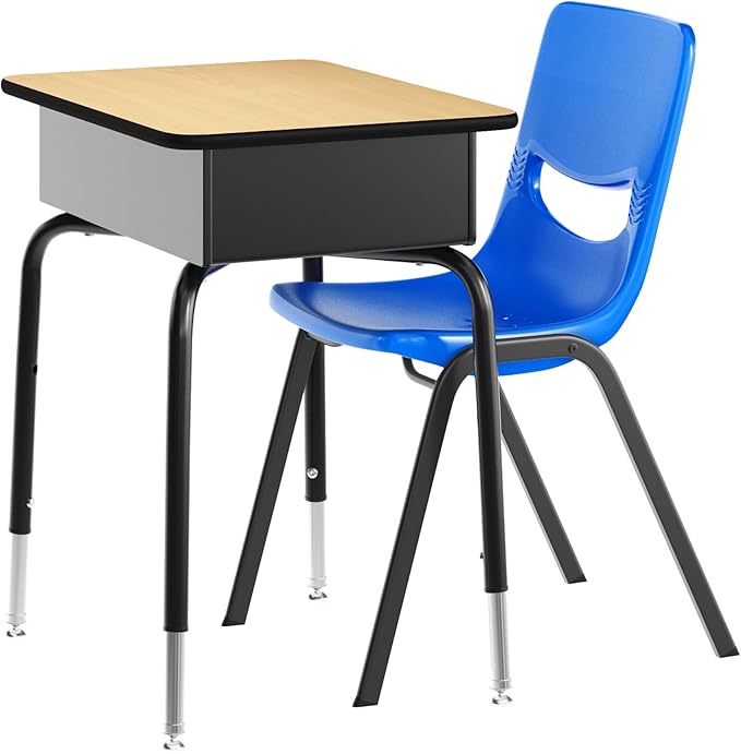 EMMA + OLIVER Jacobs Desk/Stackable Ergonomic Chair Set, Flex Comfort Seat Back, Adjusting Desk Legs, Metal Open Front Storage Box, Natural Desktop/Navy Chair