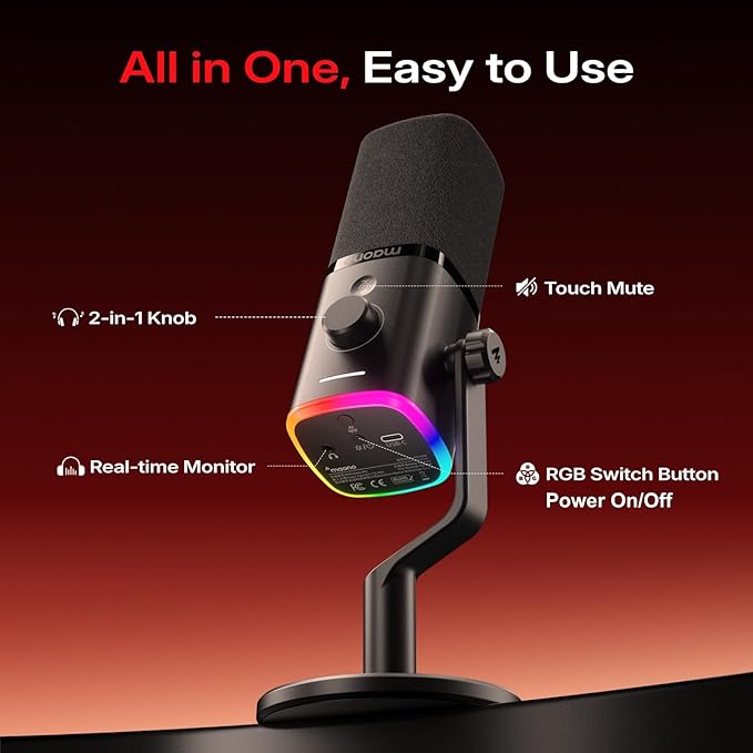 MAONO PD100WS Wireless Gaming Microphone for PC, Dynamic Streaming USB Mic with 3 Level Noise Cancelling,RGB,Mute Button, Software EQ,Computer Boom Mic for Podcast, Vocal Recording, Black