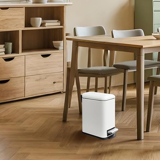 Small Bathroom Trash Can with Lid, Trash Can with Removable Liner, Soft Close lid & Step Pedal, Stainless Steel Trash Bin for Bathroom,Bedroom,Home Office (White, 1.3 Gallon)