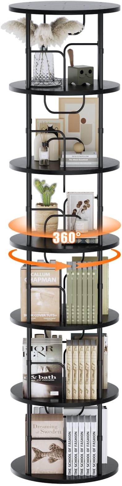 ALLSTAND 6 Tier Rotating Bookshelf, 360 ° Display Stackable Spinning Bookshelf Tower, Corner Bookshelf Tall Floor Standing Swivel Bookcase Narrow Storage Organizer for Bedroom, Living Room, Black