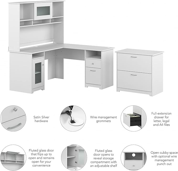 Bush Furniture Cabot 60W L Shaped Computer Desk with Hutch and Lateral File Cabinet in White